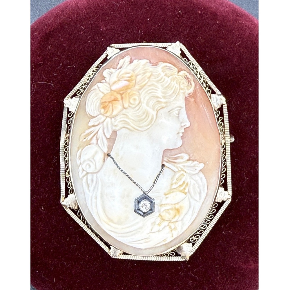 Antique 14K Gold Shell Cameo Brooch Pendant Diamond Necklace Detail Filigree